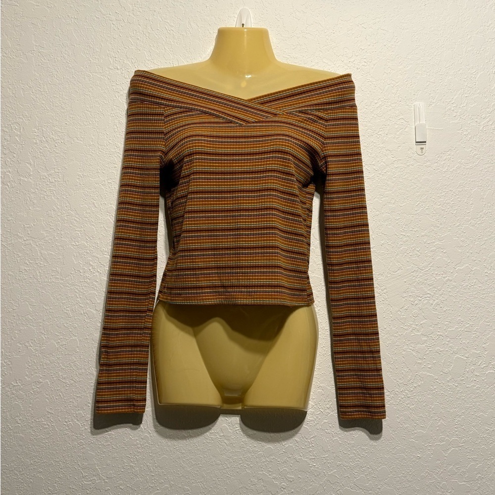 Arizona Jean Company Striped Off-Shoulder Ribbed Long Sleeve Crop Top Size S